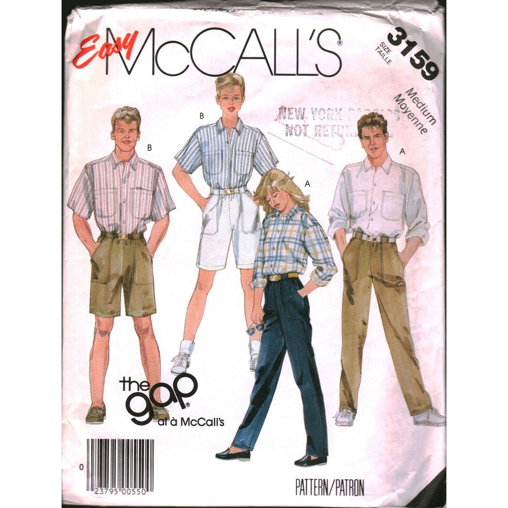 Vintage 1987 Easy McCall's 3159 The Gap Unisex Shirt Pants Shorts Pattern Medium